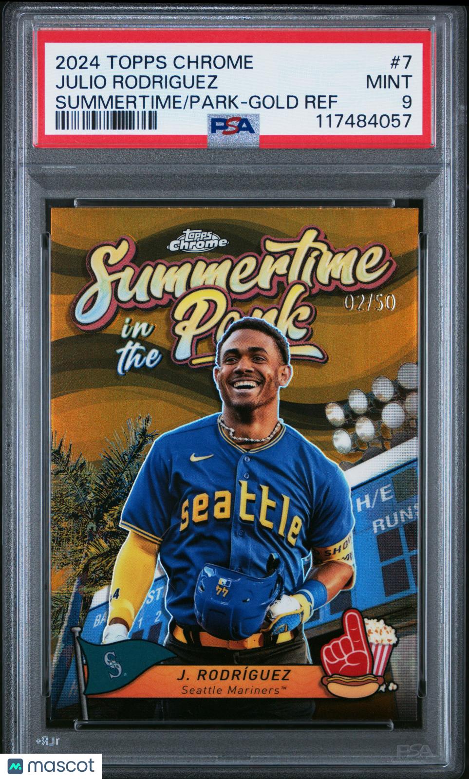 2024 Topps Chrome Summertime In The Park Julio Rodriguez Gold Ref #7 02/50 PSA 9