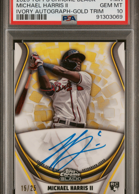 2023 Topps Chrome Black Ivory Autographs Michael Harris II Gold Trim Ref #MH 15/25 PSA 10