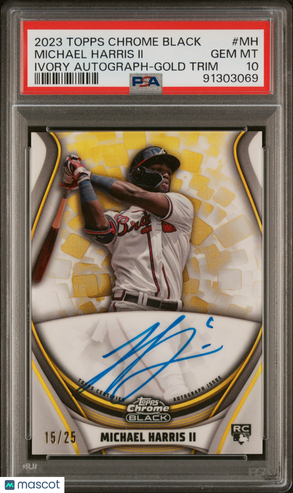 2023 Topps Chrome Black Ivory Autographs Michael Harris II Gold Trim Ref #MH 15/25 PSA 10