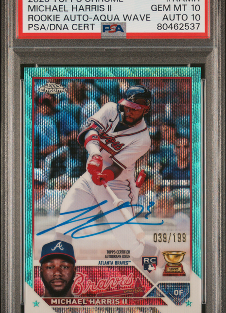 2023 Topps Chrome Rookie Autograph Michael Harris II Aqua Wave Ref #RAMH 039/199 PSA 10