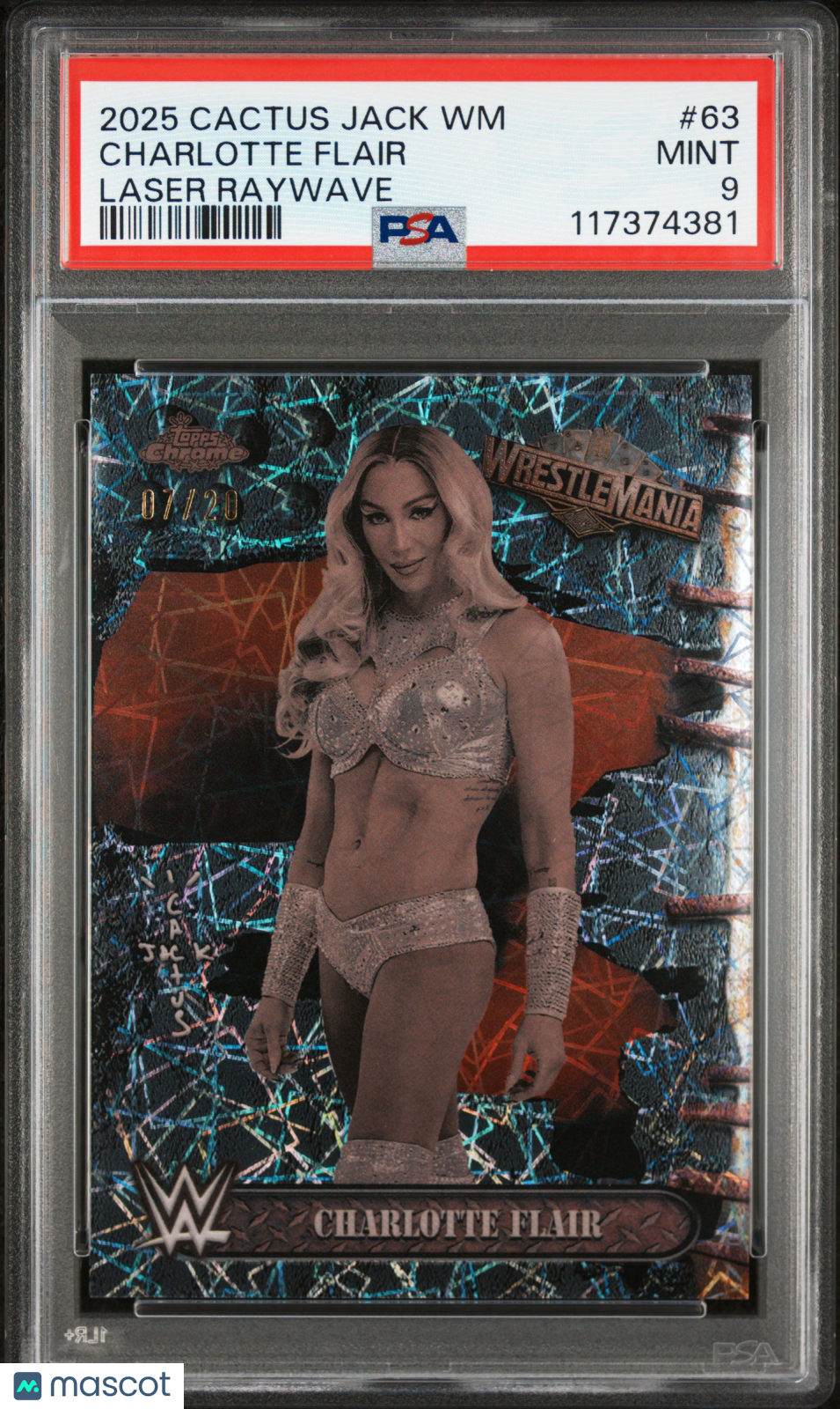 2025 Topps Chrome WWE Cactus Jack X Wrestlemania Charlotte Flair Laser Raywave #63 07/20 PSA 9