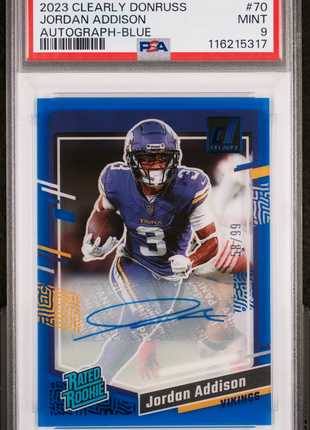 2023 Panini Clearly Donruss Jordan Addison Autograph Blue #70 66/85 PSA 9