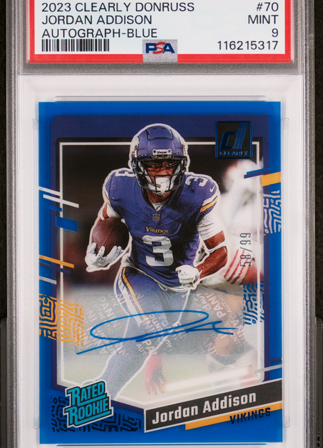 2023 Panini Clearly Donruss Jordan Addison Autograph Blue #70 66/85 PSA 9