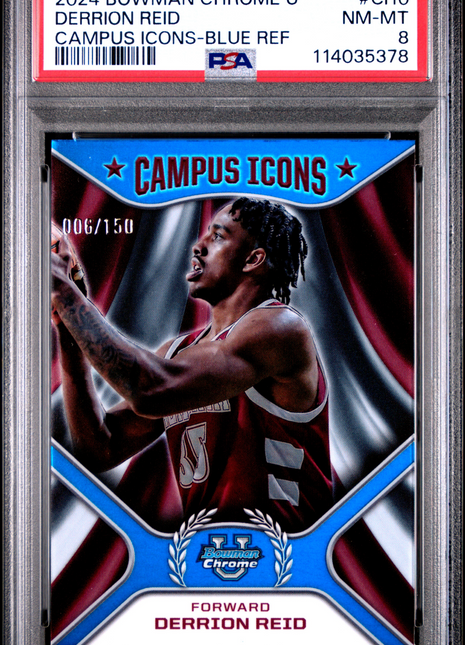 2024 Bowman Chrome University Campus Icons Derrion Reid Blue Ref #CI10 006/150 PSA 8