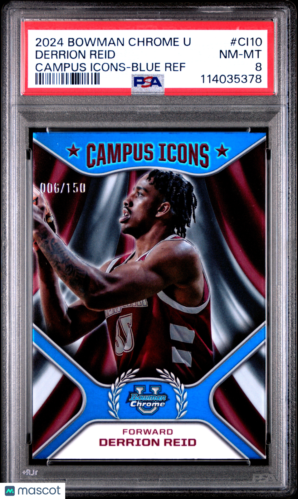 2024 Bowman Chrome University Campus Icons Derrion Reid Blue Ref #CI10 006/150 PSA 8