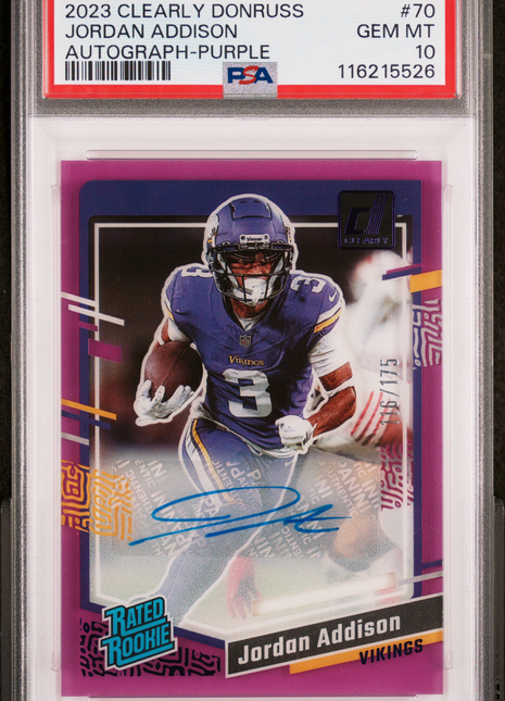 2023 Panini Clearly Donruss Jordan Addison Autograph Purple #70 116/175 PSA 10