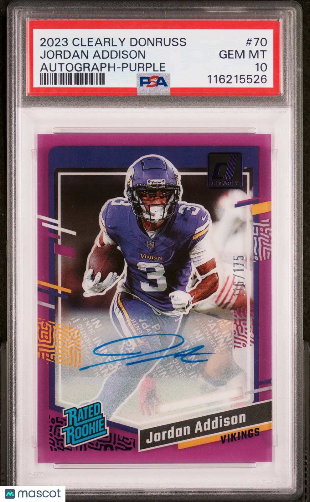 2023 Panini Clearly Donruss Jordan Addison Autograph Purple #70 116/175 PSA 10