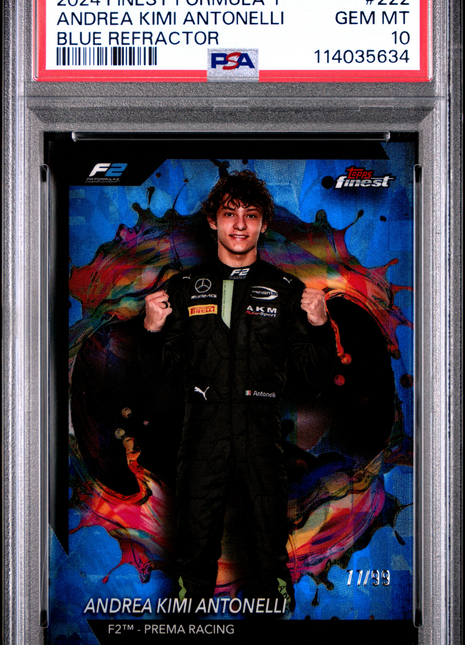 2024 Topps Finest Formula 1 Andrea Kimi Antonelli Blue Refractor #222 11/99 PSA 10