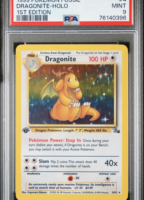 1999 Pokemon Fossil Dragonite #4 1ST Edition PSA 9