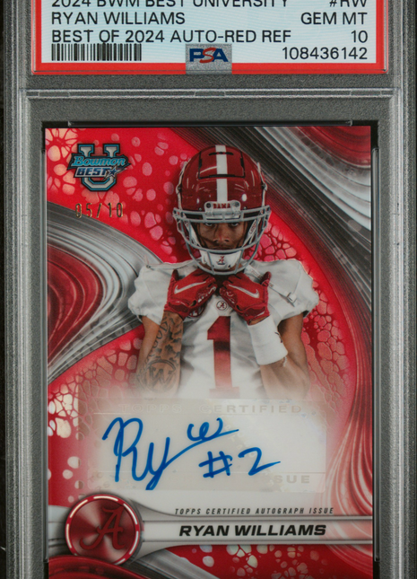 2024 Bowman Best University Best Of 2024 Autographs Ryan Williams Red Ref #RW 05/10 PSA 10