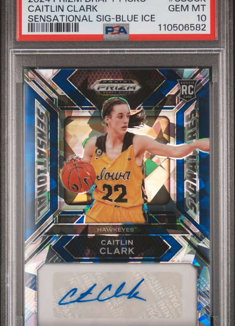 2024 Panini Prizm Draft Picks Sensational Caitlin Clark Blue Ice /75 Auto PSA 10