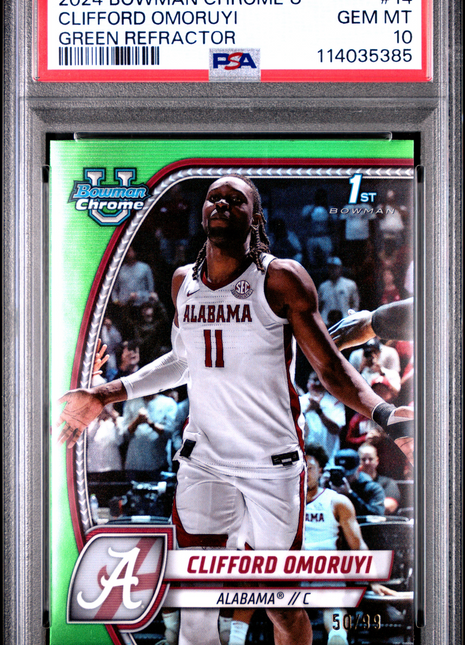 2024 Bowman Chrome University Clifford Omoruyi Green Refractor #14 PSA 10