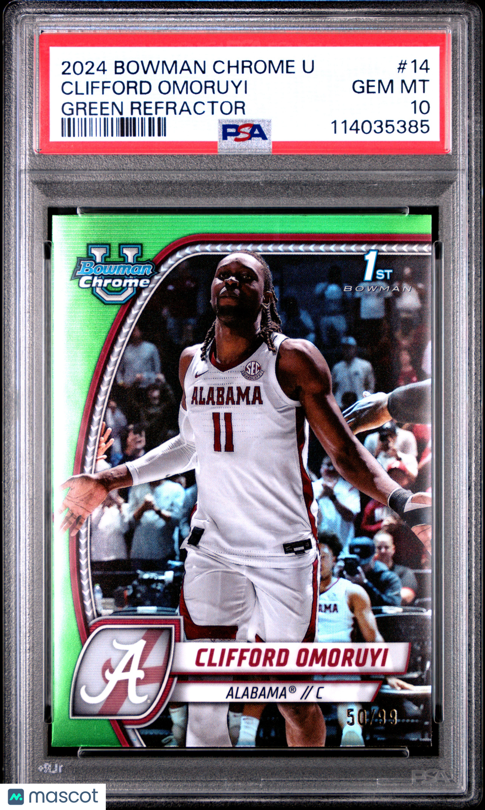 2024 Bowman Chrome University Clifford Omoruyi Green Refractor #14 PSA 10