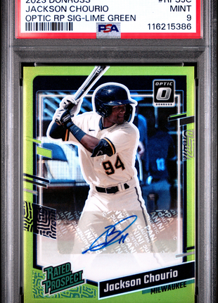 2023 Panini Donruss Optic Rated Prospect Signatures Jackson Chourio RP Lime Green #RPSJC PSA 9