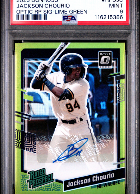 2023 Panini Donruss Optic Rated Prospect Signatures Jackson Chourio RP Lime Green #RPSJC PSA 9