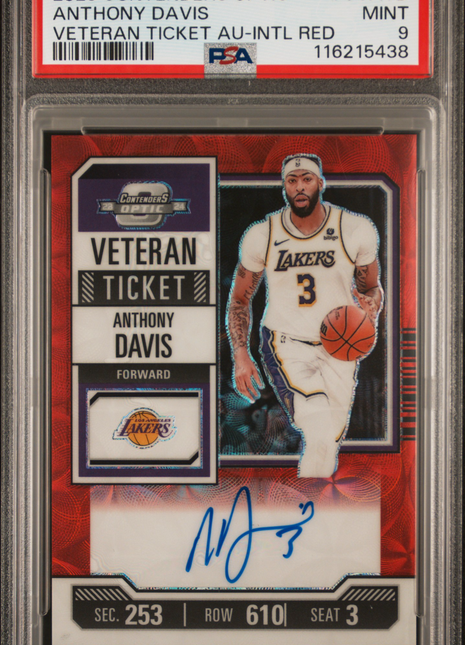 2023 Panini Contenders Optic Veteran Ticket Autographs Anthony Davis Intl Red #VTATD PSA 9