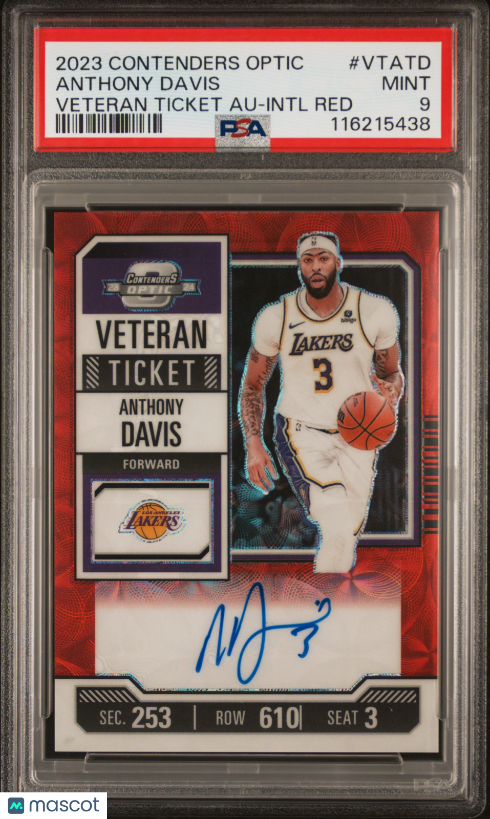 2023 Panini Contenders Optic Veteran Ticket Autographs Anthony Davis Intl Red #VTATD PSA 9