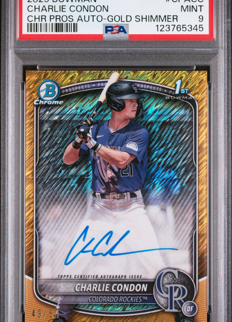2025 Bowman Chrome Prospect Autographs Charlie Condon Gold Shimmer #CPACC PSA 9