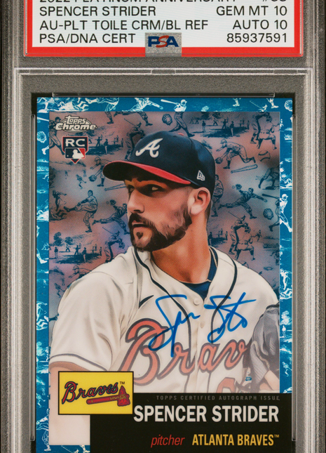 2022 Topps Chrome Platinum Anniversary Autograph Spencer Strider PLT Toile CRM BL Ref #SS PSA 10
