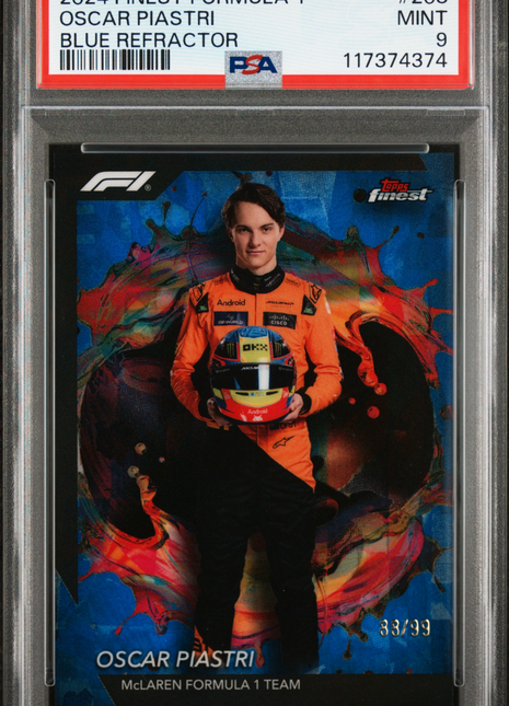 2024 Topps Finest Formula 1 Oscar Piastri Blue Refractor #208 88/99 PSA 9