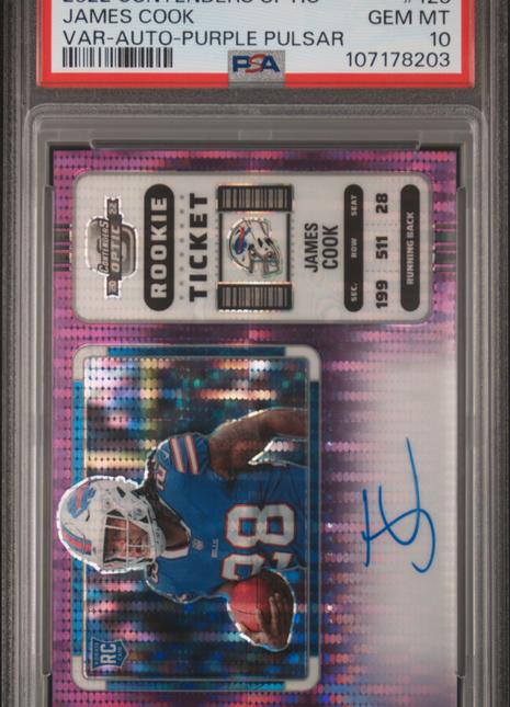 2022 Panini Contenders Optic James Cook Var Auto Purple Pulsar #123 PSA 10