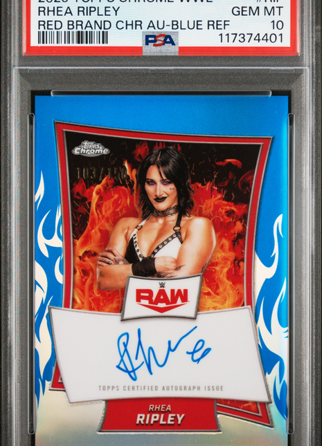 2025 Topps Chrome WWE Red Brand Chrome Autographs Rhea Ripley Blue Ref #RIP 103 / 150 PSA 10