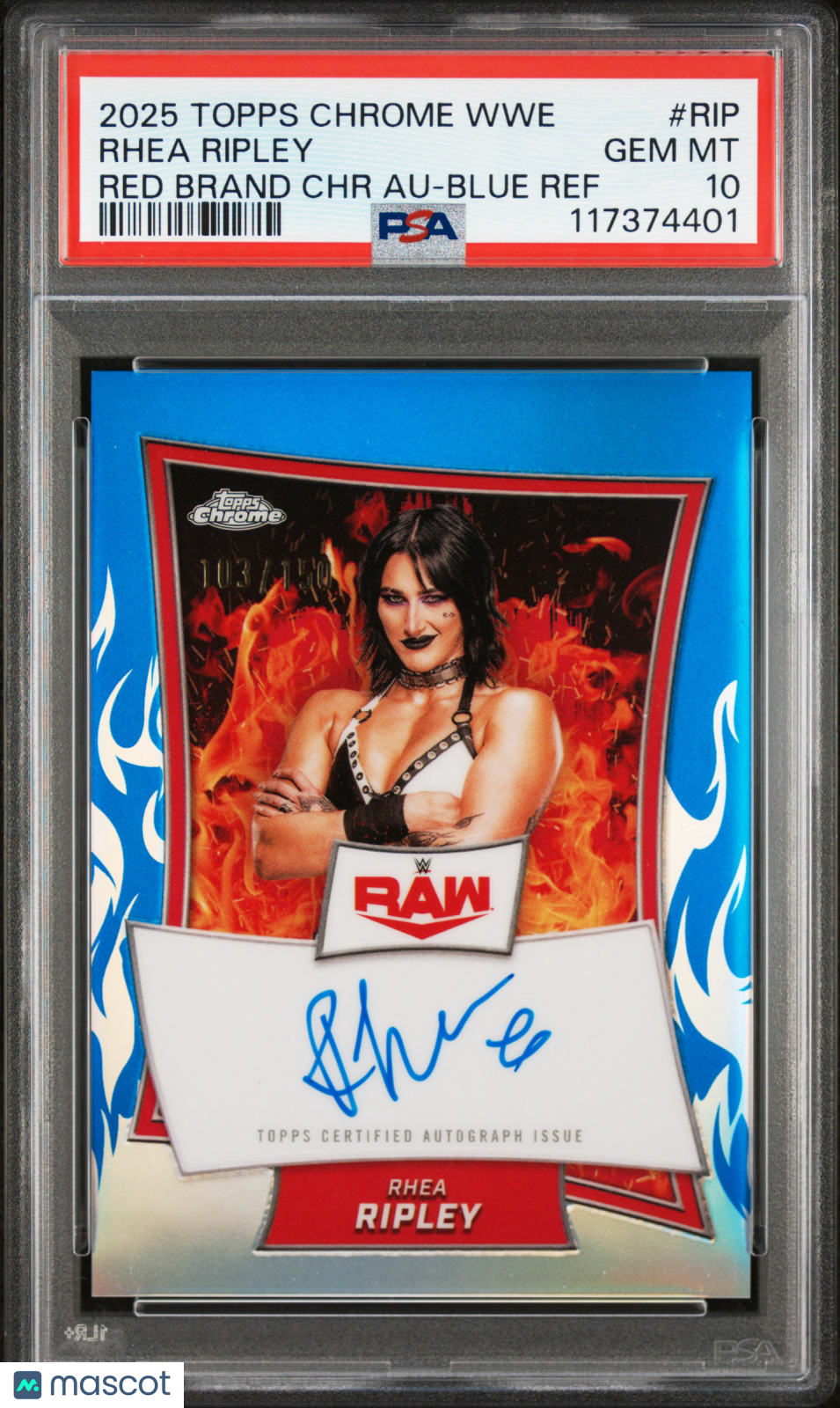 2025 Topps Chrome WWE Red Brand Chrome Autographs Rhea Ripley Blue Ref #RIP 103 / 150 PSA 10