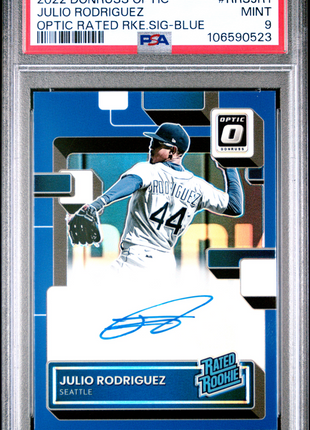2022 Panini Donruss Optic Optic Rated Rookie Signatures Julio Rodriguez RKE. SIG Blue #RRSJR1 PSA 9