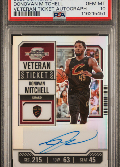2023 Panini Contenders Optic Veteran Ticket Autographs Donovan Mitchell #VTDVM PSA 10