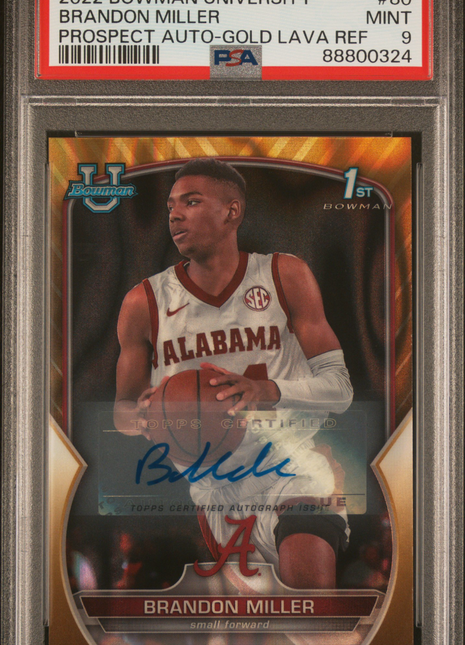 2022 Bowman Chrome University Brandon Miller Prospect Auto Gold Lava Ref #80 PSA 9