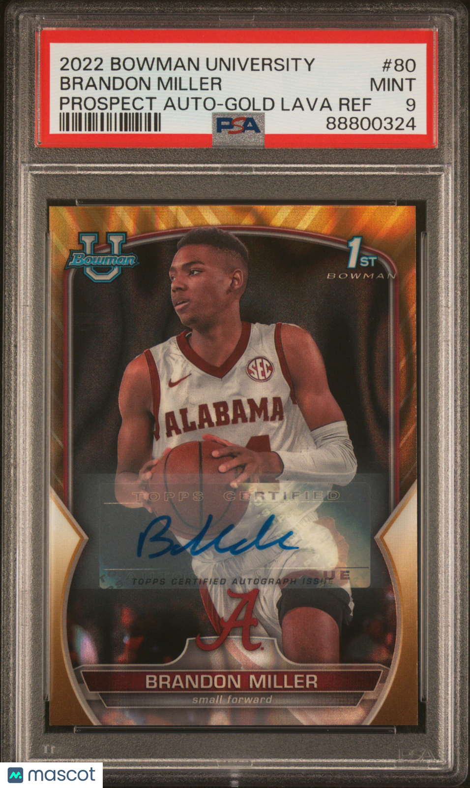 2022 Bowman Chrome University Brandon Miller Prospect Auto Gold Lava Ref #80 PSA 9