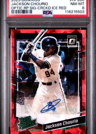 2023 Panini Donruss Optic Rated Prospect Signatures Jackson Chourio RP Crckd Ice Red #RPSJC PSA 8