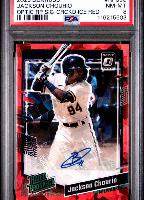 2023 Panini Donruss Optic Rated Prospect Signatures Jackson Chourio RP Crckd Ice Red #RPSJC PSA 8