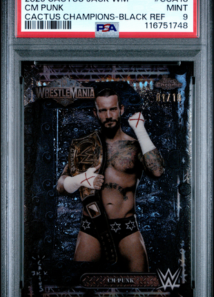 2025 Topps Chrome WWE Cactus Jack X Wrestlemania Cactus Champions CM Punk Black Ref #CCA18 01/10 PSA 9