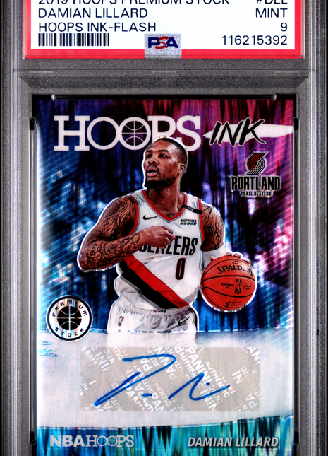 2019 Panini Hoops Premium Stock Hoops Ink Damian Lillard Flash #DLL PSA 9
