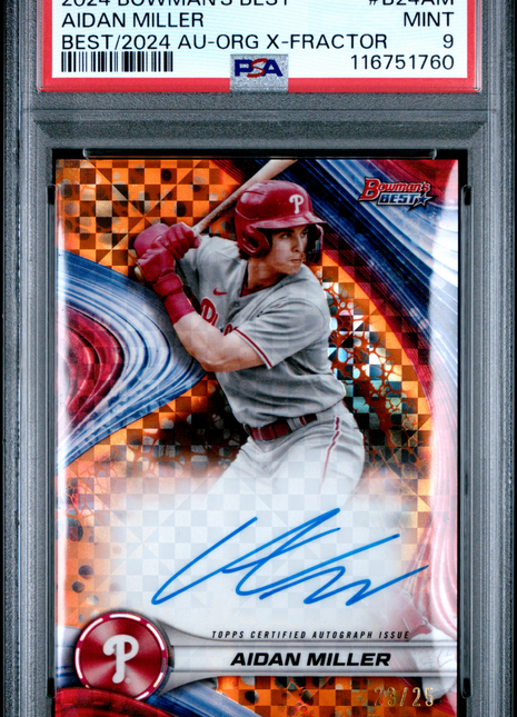 2024 Bowman's Best Best Of 2024 Autographs Aidan Miller Org X Fractor #B24AM 23/25 PSA 9