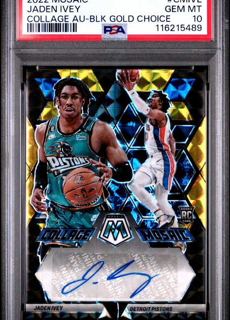 2022 Panini Mosaic Collage Autographs Mosaic Jaden Ivey BLK Gold Choice #CMIVE PSA 10