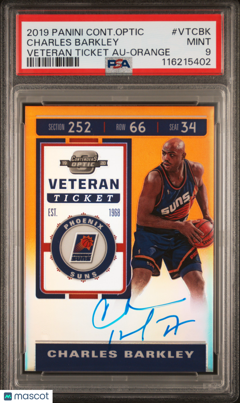 2019 Panini Contenders Optic Veteran Ticket Autographs Charles Barkley Orange #VTCBK PSA 9