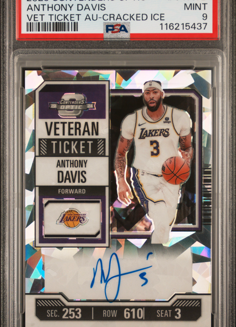 2023 Panini Contenders Optic Veteran Ticket Autographs Anthony Davis Cracked Ice #VTATD PSA 9