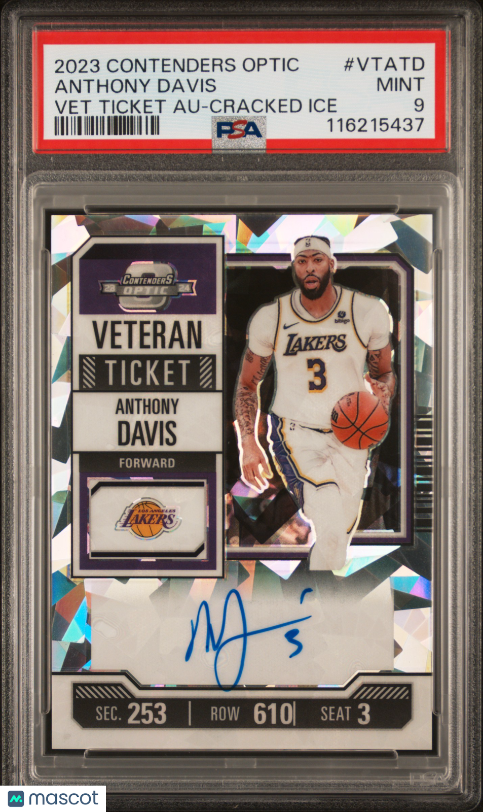 2023 Panini Contenders Optic Veteran Ticket Autographs Anthony Davis Cracked Ice #VTATD PSA 9