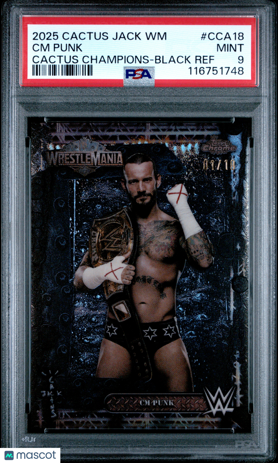2025 Topps Chrome WWE Cactus Jack X Wrestlemania Cactus Champions CM Punk Black Ref #CCA18 01/10 PSA 9