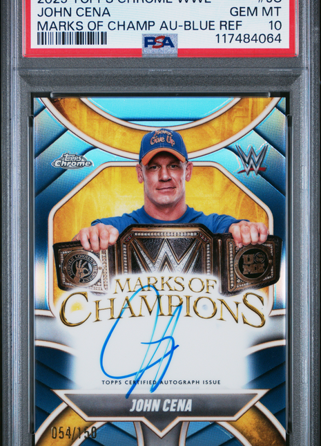 2025 Topps Chrome WWE Marks Of Champions Autographs John Cena Blue Ref #JC 054/150 PSA 10