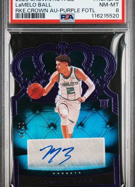 2020 Panini Crown Royale Rookie Crown Autographs Lamelo Ball RKE. Crown Purple Fotl #RCABAL PSA 8