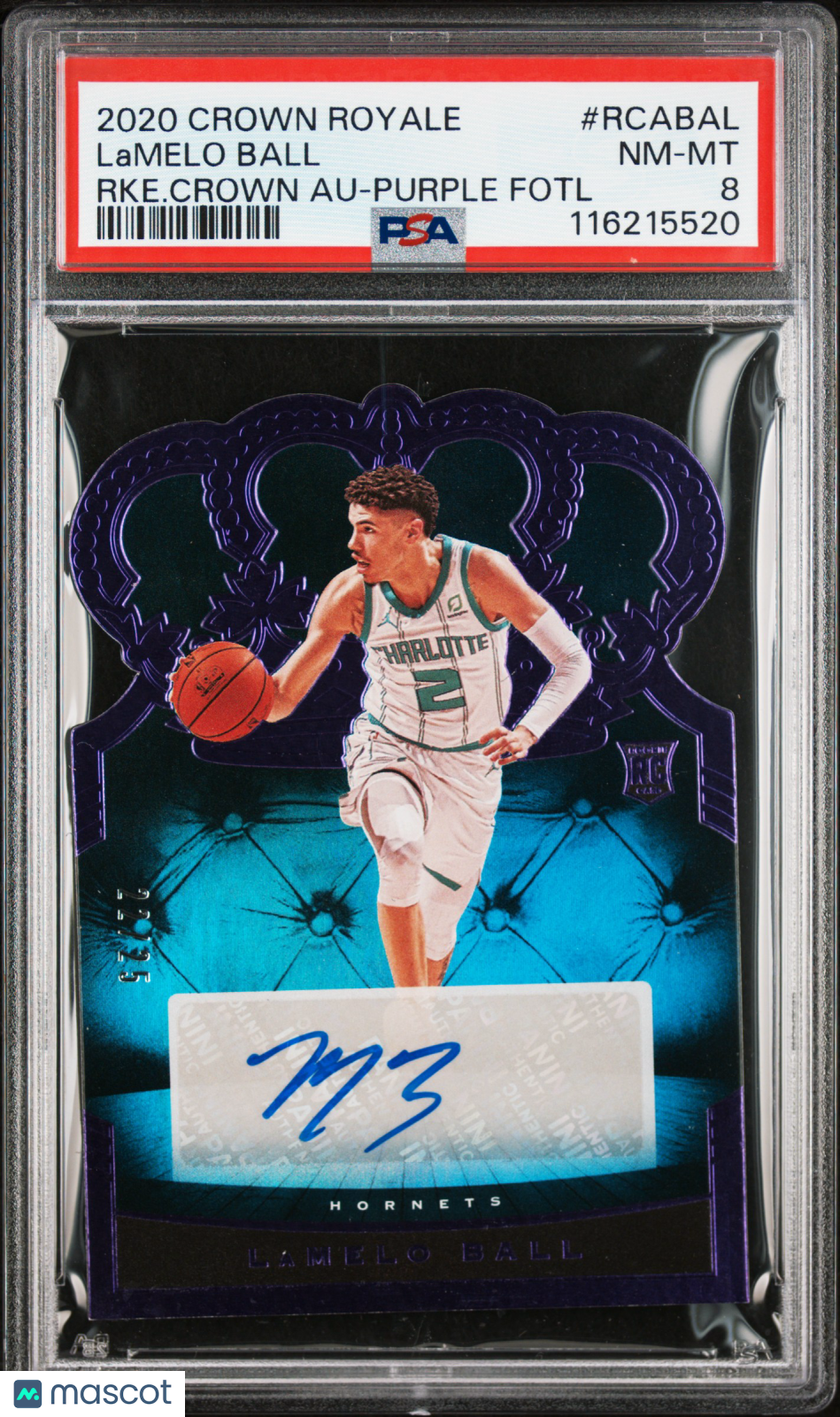 2020 Panini Crown Royale Rookie Crown Autographs Lamelo Ball RKE. Crown Purple Fotl #RCABAL PSA 8