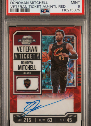2023 Panini Contenders Optic Veteran Ticket Autographs Donovan Mitchell Intl Red #VTDVM PSA 9