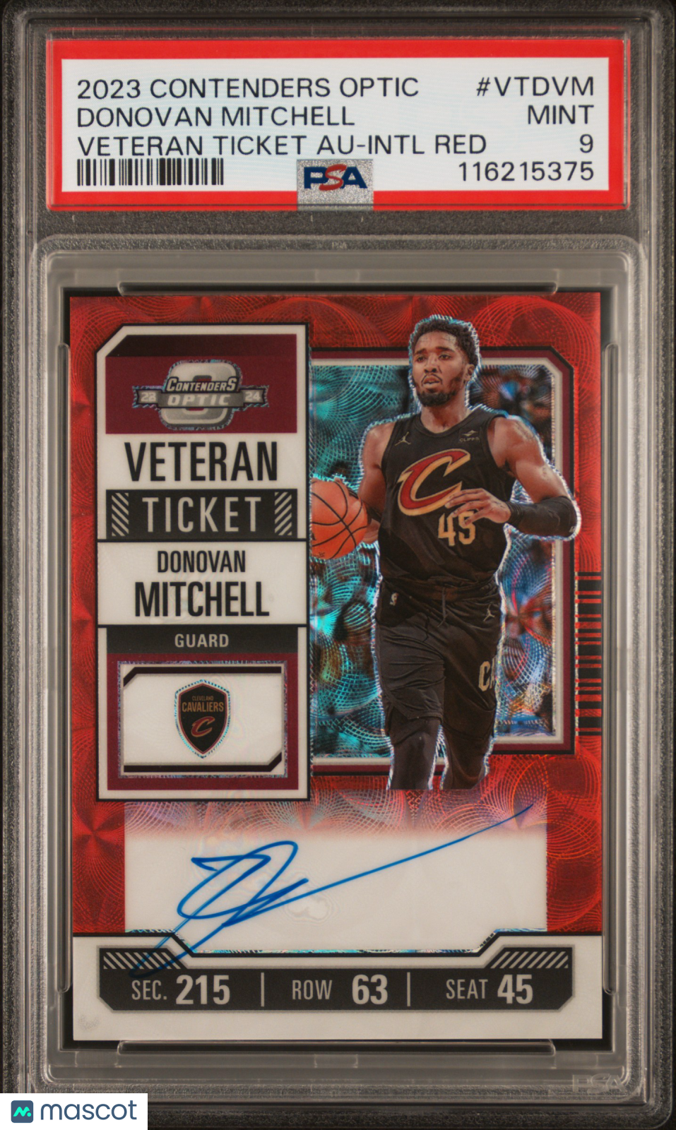 2023 Panini Contenders Optic Veteran Ticket Autographs Donovan Mitchell Intl Red #VTDVM PSA 9