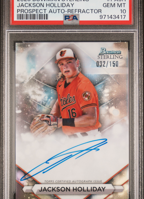 2023 Bowman Sterling Prospect Autographs Jackson Holliday Refractor #PAJH 032/150 PSA 10