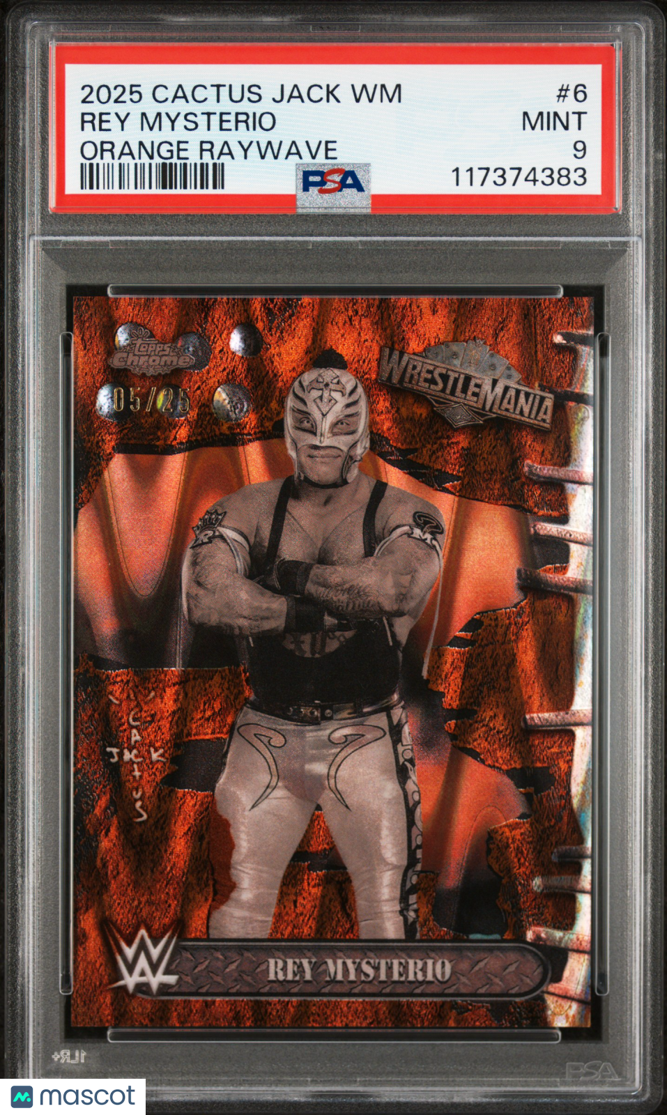 2025 Topps Chrome WWE Cactus Jack X Wrestlemania Rey Mysterio Orange Raywave #6 05/25 PSA 9