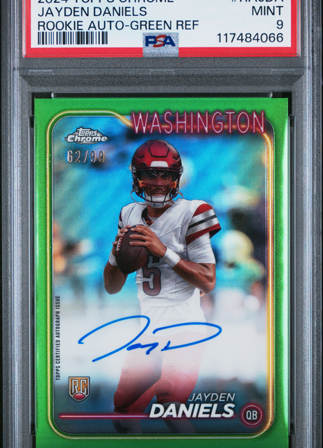 2024 Topps Chrome Rookie Autographs Variations Jayden Daniels Green Ref #RAJDA 62/99 PSA 9