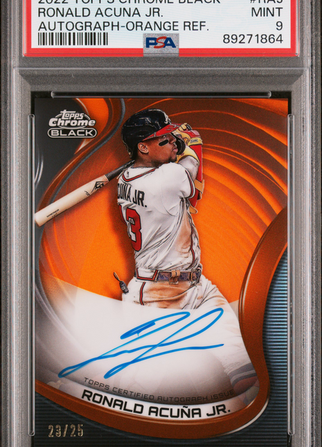 2022 Topps Chrome Black Autographs Ronald Acuna JR. Orange Refractor #RAJ 23/25 PSA 9